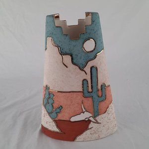 Unique Signed Oblong Gold Etched Southwestern Vase - 9.5" high